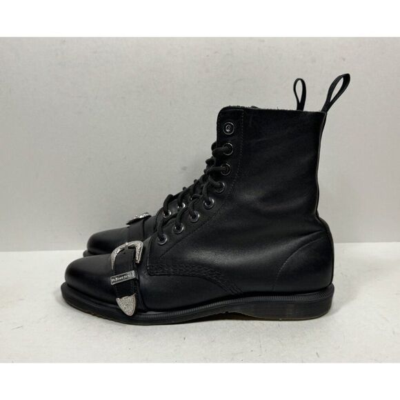Dr. Martens Ulima Boots Womens Sz 8 Black Leather Lace Up Buckle Toe Moto Biker - Picture 3 of 8